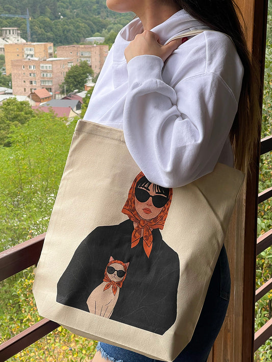 Woman and Cat Print Tote Bag