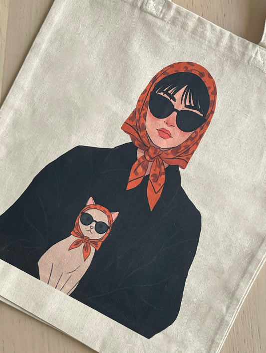 Woman and Cat Print Tote Bag