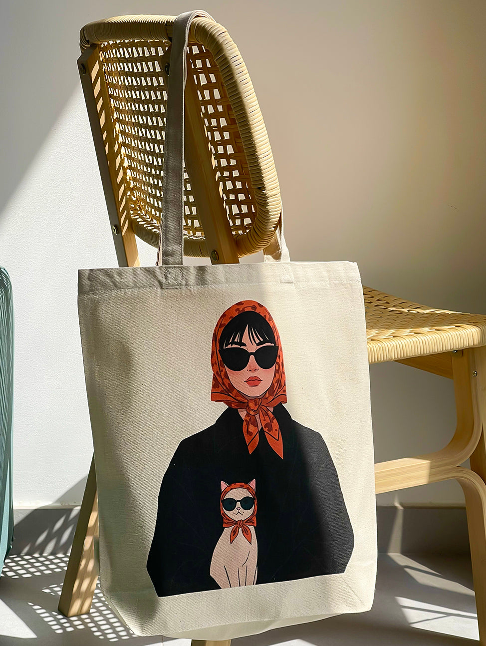 Woman and Cat Print Tote Bag