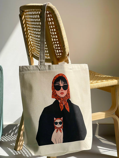 Woman and Cat Print Tote Bag